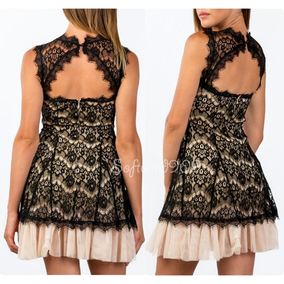Black Cream Eyelash Lace Tulle Cocktail Cute Dress - Picture 2 of 8